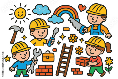 Happy Builders Doodle. Colorful Hand-drawn doodle Children illustration Builders at Work construction workers, hard hats, hammer, saw, toolbox, wrench, ladder,