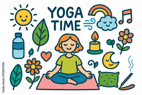 Children's Yoga Doodle. Colorful Hand-drawn doodle Children illustration Yoga time yoga mat, leaf, sun, smiling person, water bottle, candle, peaceful cloud,