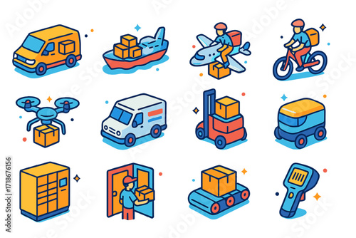 Colorful Delivery Icons. Colorful isometric vector icons set of shipping and delivery methods: delivery van, cargo ship, airplane with parcels, bicycle