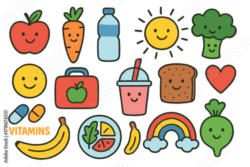 Colorful Nutrition Doodles. Colorful Hand-drawn doodle Children illustration Nutrition and wellness apple, carrot, water bottle, happy face, lunchbox, smoothie