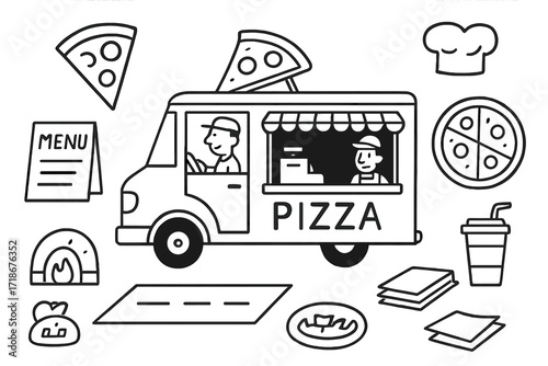 Pizza Food Truck Doodle. Hand-drawn doodle illustration Pizza food truck [pizza icon, food truck, wheel, window, menu board, driver, slice, oven, soda,