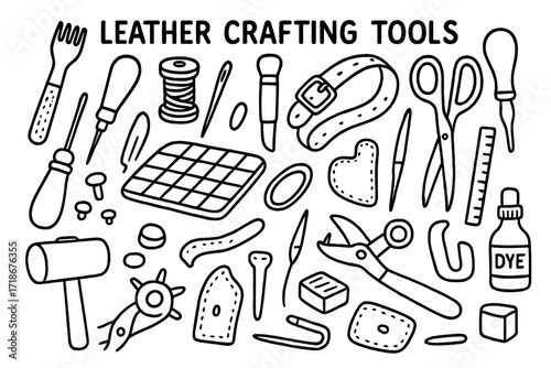 Leather Crafting Tools. Hand-drawn doodle illustration Leather Crafting Tools leather punch, stitching awl, thread spool, needle, edge beveler, mallet, cutting
