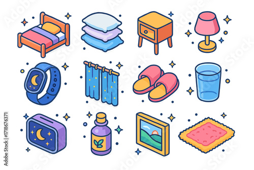 Sleep Essentials Icons. Colorful isometric vector icons set of bedroom essentials for sleep: comfy bed, fluffy pillow stack, side table, ambient lamp, sleep