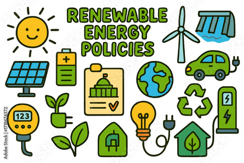 Renewable Energy Doodle. Colorful Hand-drawn doodle Children illustration Renewable energy policies solar panel, wind turbine, water dam, sun, battery storage,