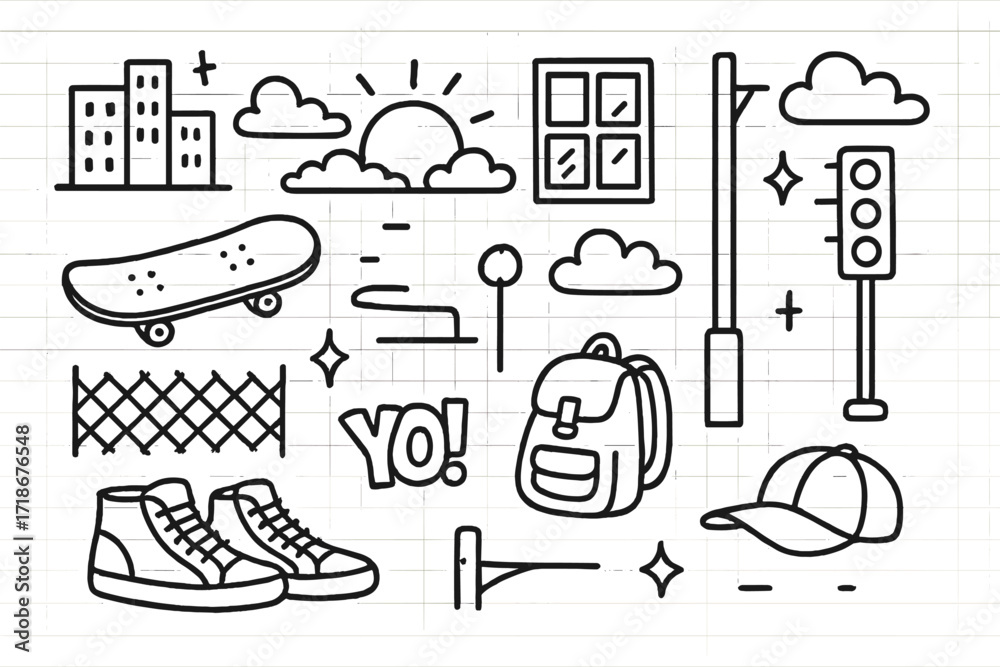 Obraz premium Urban Skateboarding Doodle. Hand-drawn doodle illustration Urban sunset skateboarding cityscape, skateboard, skyline, window lights, street, sunset icon,