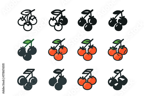 Colorful Salad Logos. Set Logo of preparing a fresh salad with avocado, tomatoes, and greens: Cherry tomato cluster. Logo set in vector style, emblematic