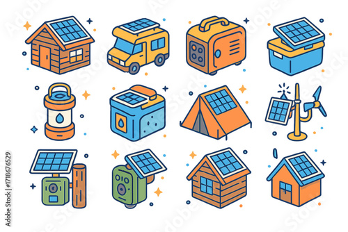 Off-Grid Solar Icons. Colorful isometric vector icons set of off-grid solar solutions: cabin with panel, RV solar setup, portable foldable panel, solar camping