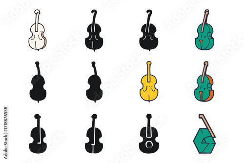 Orchestra Logo Variations. Set Logo of Symphony Orchestra: Double Bass. Logo set in vector style, emblematic variations. line, bold thick line, solid black