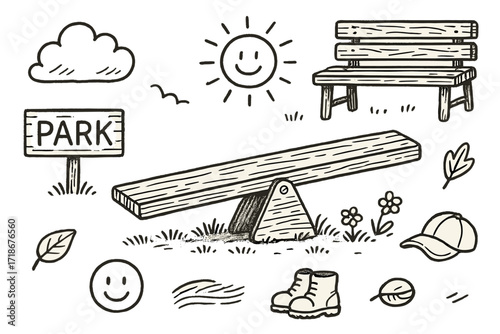 Vintage Wooden Seesaw. Hand-drawn doodle illustration [old-fashioned wooden seesaw] [wooden plank, center fulcrum, rustic bench, vintage screws, grain texture,