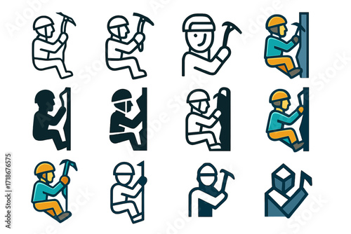 Ice Climber Logo Set. Set Logo of Rock Climber: Ice climber with axe. Logo set in vector style, emblematic variations. line, bold thick line, solid black