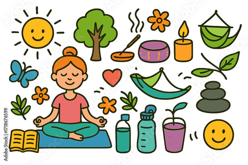 Colorful Doodle Retreat. Colorful Hand-drawn doodle Children illustration Stress relief retreat [yoga pose, meditation cushion, incense, candle, flower,