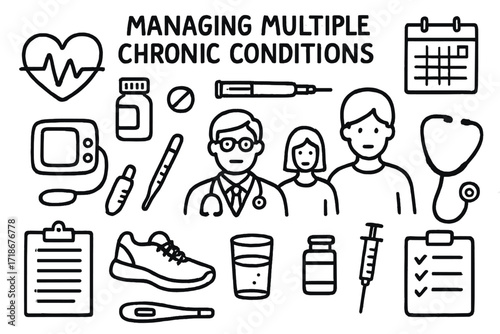 Chronic Care Essentials. Hand-drawn doodle illustration Managing multiple chronic conditions Heart, medicine bottle, pill, insulin pen, blood pressure monitor,