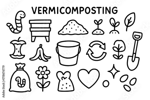 Vermicomposting Doodle Icons. Hand-drawn doodle illustration Vermicomposting fertilizer [worm, compost bin, soil mound, leaf, sprout, apple core, banana peel,