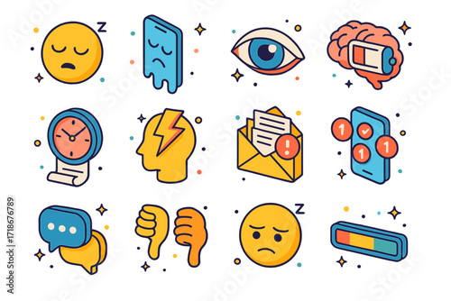 Digital Burnout Icons. Colorful isometric vector icons set of Digital burnout and fatigue: sleepy face, melting phone, eye strain icon, low battery brain,