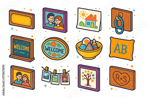 Colorful Entry Icons. Colorful isometric vector icons set of entryway with personalized touches: nameplate frame, couple photo, child?s artwork, pet leash