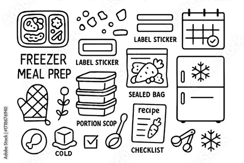 Freezer Meal Prep Icons. Hand-drawn doodle illustration [freezer meal prep] [meal box, ice flakes, calendar, label sticker, sealed bag, freezer door, kitchen