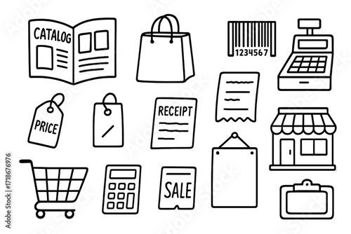 Retail Doodle Icons. Retail. Hand-drawn doodle illustration catalog, shopping bag, barcode, cash register, price tag, receipt, store building, cart,