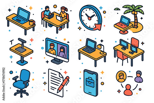 Workplace Flexibility Icons. Workplace Flexibility. Colorful isometric vector icons set of workplace flexibility: remote desk, coworking space, flexible