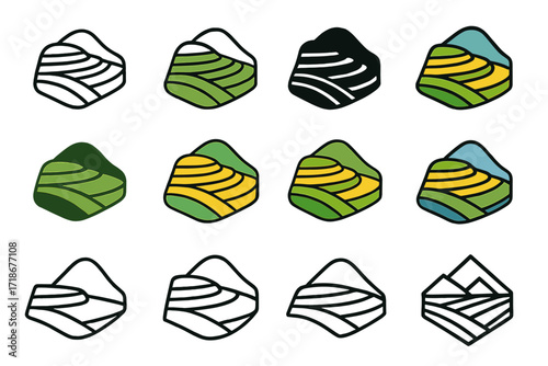 Terraced Rice Logo Variations. Set Logo of Crop Fields: Terraced Rice Paddies on Hillside. Logo set in vector style, emblematic variations. line, bold thick