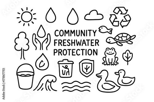 Freshwater Protection Icons. Hand-drawn doodle illustration Community freshwater protection [hands holding water, droplet, recycling symbol, fish, turtle,