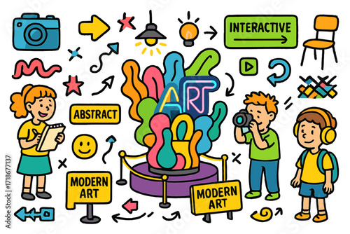 Modern Art Installation. Colorful Hand-drawn doodle Children illustration Modern Art Installation abstract shapes, 3D forms, sculpture, neon lights, display