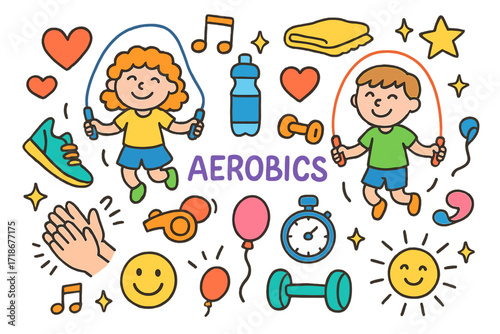 Colorful Aerobics Doodle. Colorful Hand-drawn doodle Children illustration Aerobics session jump rope, sneakers, water bottle, heart, music note, towel,