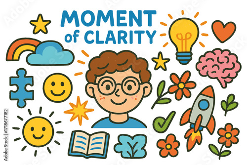 Doodle Clarity Icons. Colorful Hand-drawn doodle Children illustration Moment of Clarity [glasses, light bulb, rainbow, puzzle piece, spark, star, smiling