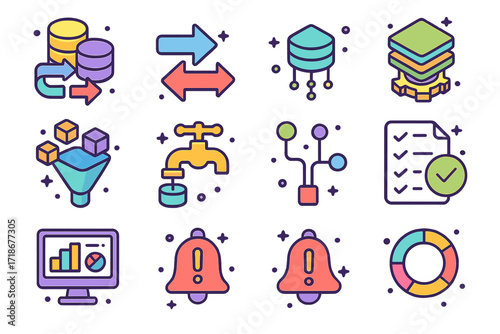 Colorful Data Workflow Icons. Colorful isometric vector icons set of data processing workflows: ETL pipeline, input/output arrows, streaming data node, batch