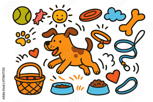 Playful Pet Doodle. Colorful Hand-drawn doodle Children illustration Energetic Pet with Toys playful pet, tennis ball, squeaky toy, frisbee, chew bone, collar,