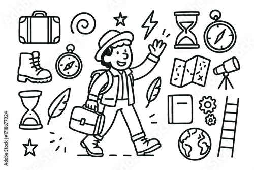 Time Traveler's Essentials. Hand-drawn doodle illustration time traveler on an adventure boots, suitcase, compass, map, telescope, spiral, hourglass, pocket
