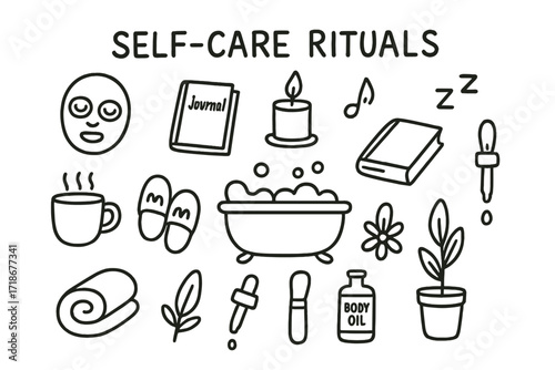 Self-Care Doodles. Hand-drawn doodle illustration Self-Care Rituals face mask, journal, candle, bubble bath, book, music note, tea mug, slippers, towel,