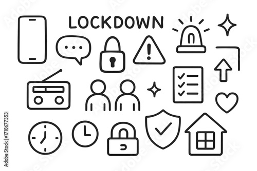 Lockdown Communication Doodles. Hand-drawn doodle illustration Lockdown emergency communication [phone, chat bubble, alert triangle, siren, radio, lock,