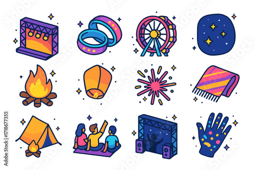 Festival Night Isometric Icons. Colorful isometric vector icons set of sunset and night vibes at the festival: sunset stage lights, glowing wristbands,