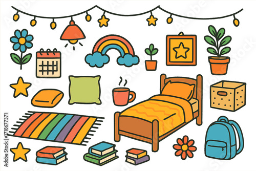 Colorful Dorm Doodle. Colorful Hand-drawn doodle Children illustration Cozy Dorm Decor [fairy lights, rug, pillow, blanket, books, mug, lamp, rainbow, star,