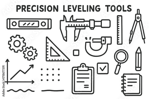 Precision Tools Doodle. Hand-drawn doodle illustration Precision leveling tools [digital level, caliper, micrometer, ruler, compass, pencil, gears, triangle