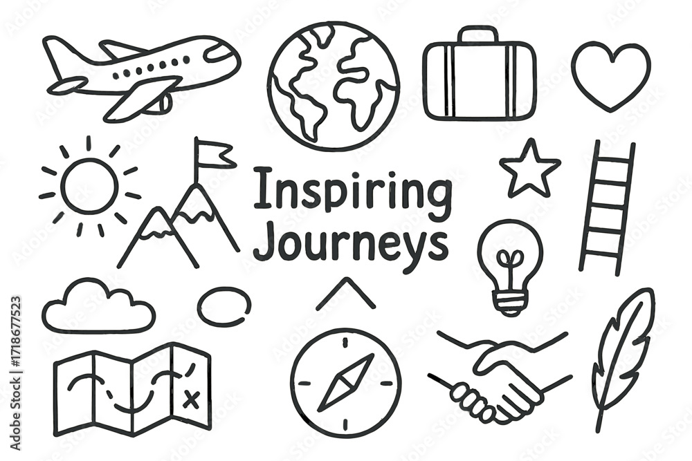 Fototapeta premium Inspiring Journey Doodles. Hand-drawn doodle illustration Inspiring journeys airplane, globe, suitcase, mountain, flag, ladder, sun, cloud, heart, star, map,
