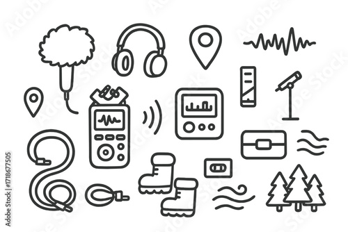 Field Recording Tools. Hand-drawn doodle illustration Field sound recording handheld recorder, windscreen mic, headphones, audio wave, location pin, battery