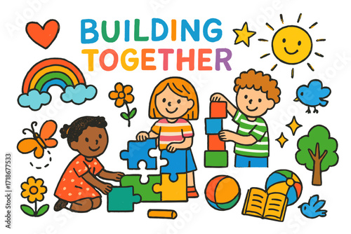 Joyful Puzzle Building. Colorful Hand-drawn doodle Children illustration Building Together puzzle pieces, blocks, rainbow, sun, star, smiling kids, sparkles,
