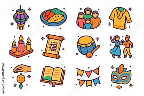 Cultural Celebration Icons. Colorful isometric vector icons set of Cultural Celebrations at Home: lanterns, traditional food platter, family gathering circle,