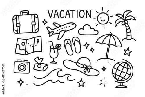Vacation Icons Doodle. Hand-drawn doodle illustration Vacation [suitcase, airplane, sun, palm tree, beach umbrella, flip flops, camera, cocktail glass, map,