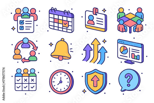 Team Task Icons. Colorful isometric vector icons set of team task coordination: group checklist, shared calendar, role assignment tag, cross-functional table,