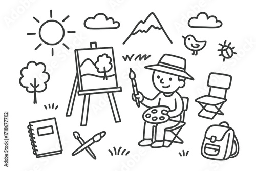 Plein Air Essentials. Hand-drawn doodle illustration Painting outdoors (plein air) [easel, sun, hat, brush, canvas, tree, mountain, field, bird, sketchbook,