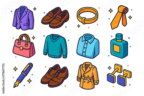 Elegant Fashion Icons. Colorful isometric vector icons set of Elegant classic style: tailored blazer, leather loafers, gold bracelet, silk tie, structured