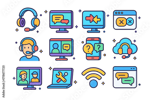 Colorful Support Icons. Colorful isometric vector icons set of Remote support: headset with microphone, computer with support chat, remote access screen,