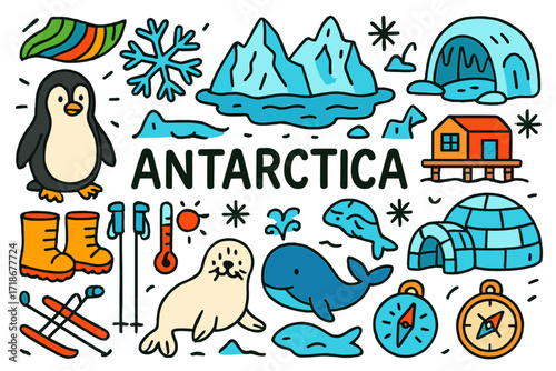 Antarctic Adventure Doodles. Antarctica. Colorful Hand-drawn doodle Children illustration Antarctica penguin, iceberg, polar station, snowflake, ice cave,
