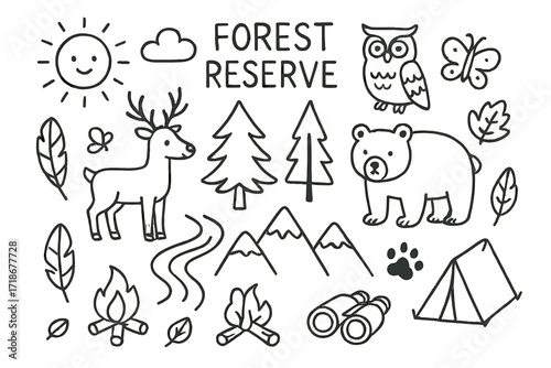 Forest Reserve Doodle. Hand-drawn doodle illustration Forest Reserve [deer, bear, owl, tree, river, mountain, cloud, sun, paw print, feather, butterfly, tent,