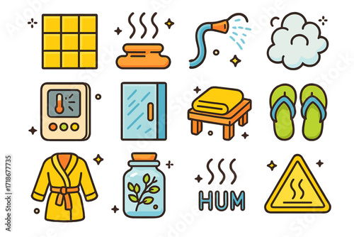 Isometric Steam Room Icons. Colorful isometric vector icons set of Steam room environment: tiled walls, steam vents, water spray hose, mist cloud, temperature