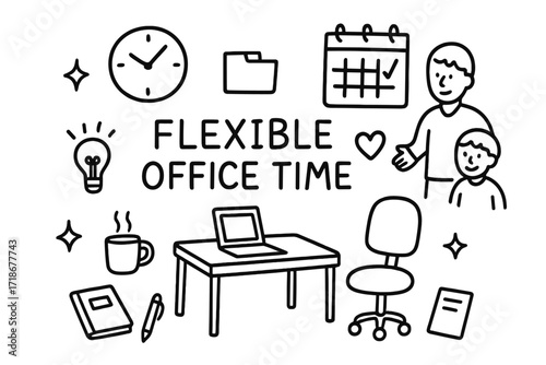 Flexible Office Doodle. Hand-drawn doodle illustration Flexible office time [clock, calendar, desk, chair, laptop, parent figure, child figure, coffee mug,
