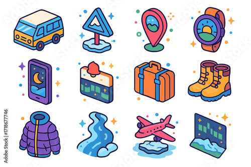 Aurora Exploration Icons. Colorful isometric vector icons set of aurora exploration journey: travel van, frozen road sign, GPS tracker, sunrise watch, night