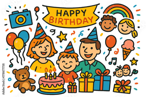 Birthday Celebration Doodle. Colorful Hand-drawn doodle Children illustration Parents celebrating birthday milestone birthday cake, candles, balloons, party